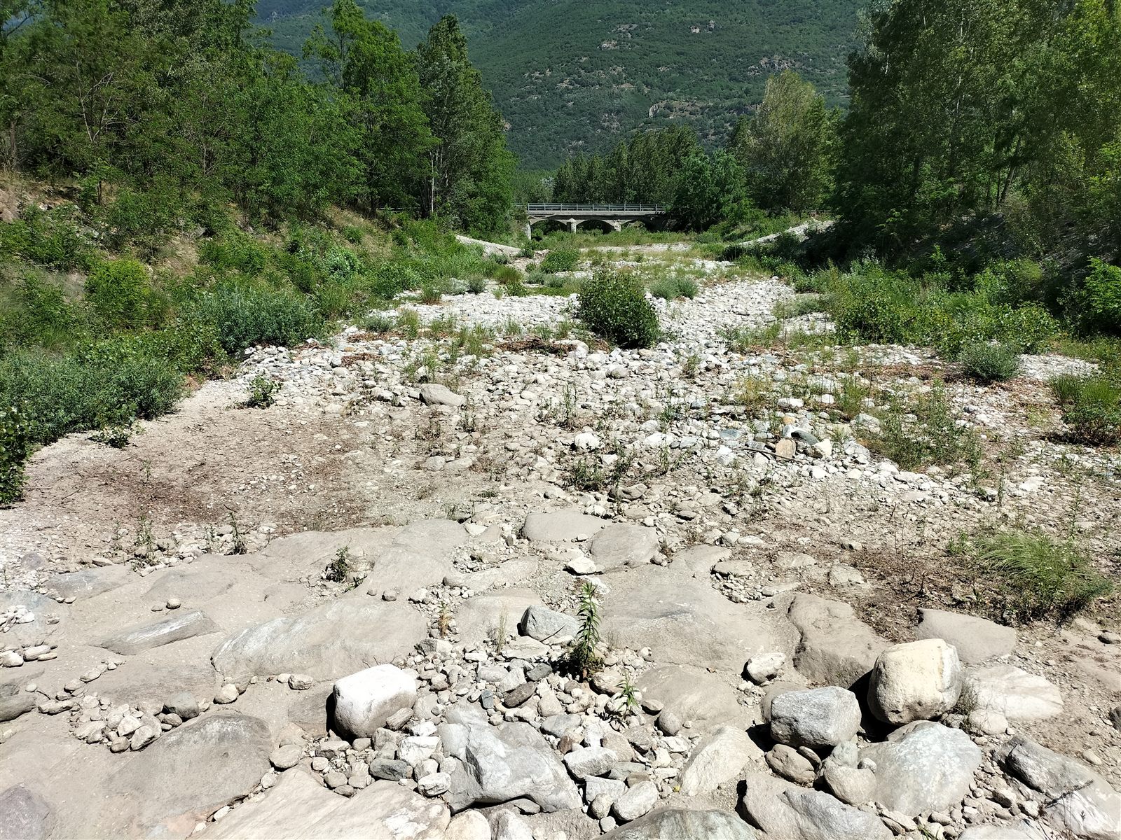Letto di un torrente alpino completamente in secca in estate
